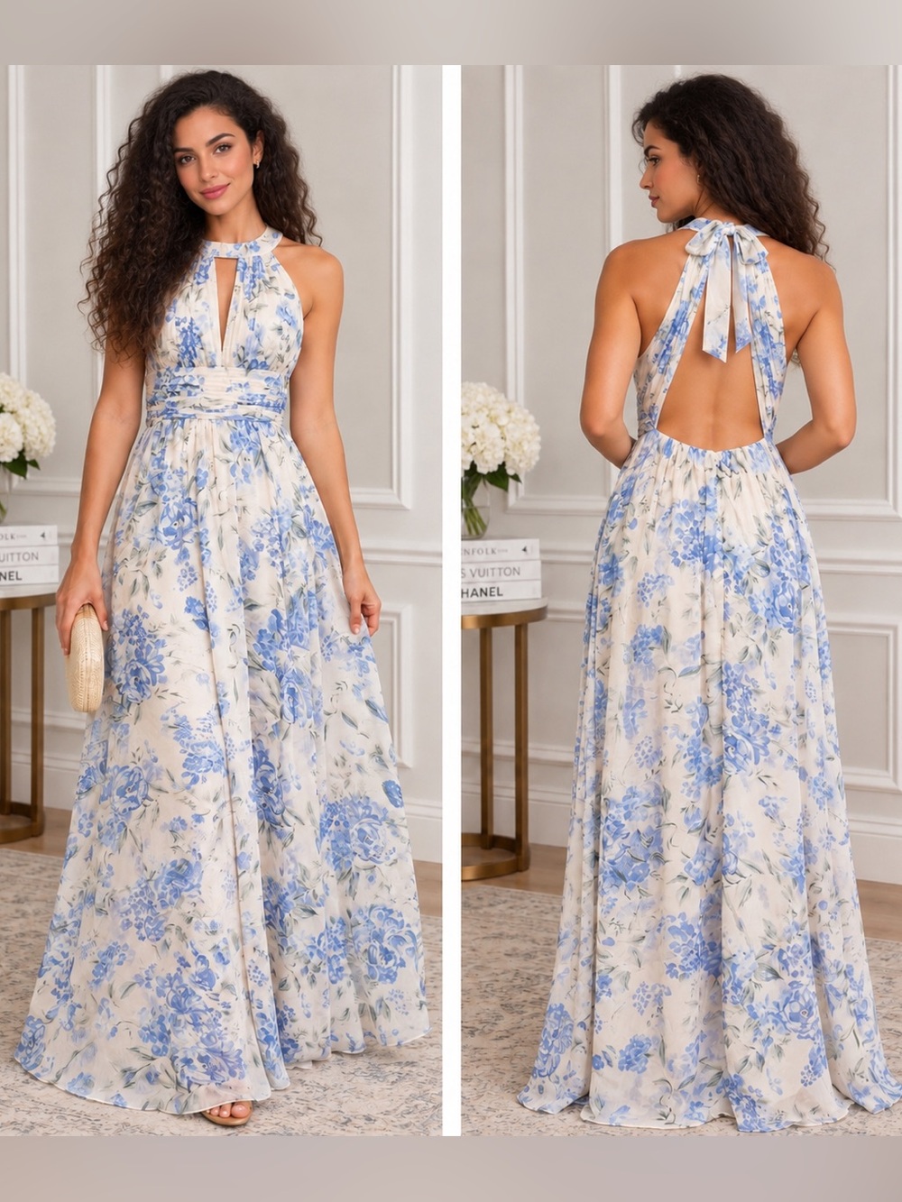 Lulus Blue & Ivory Floral Halter Maxi Dress – New